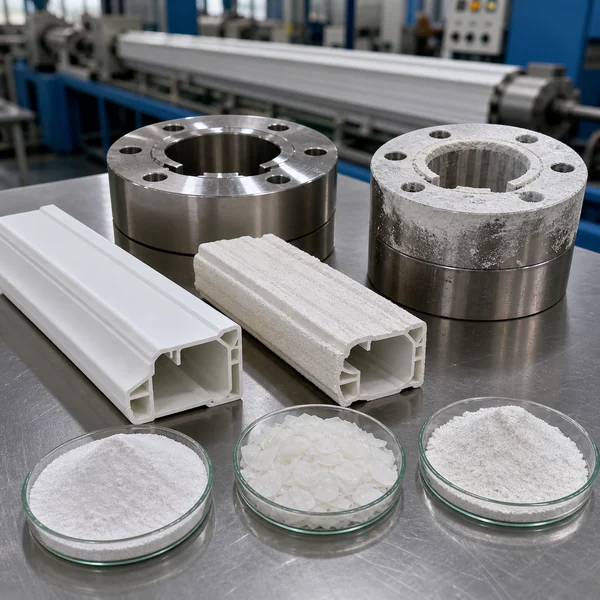 Clean and plate-out-covered extrusion dies beside smooth and rough rigid PVC profile samples and lubricant powders
