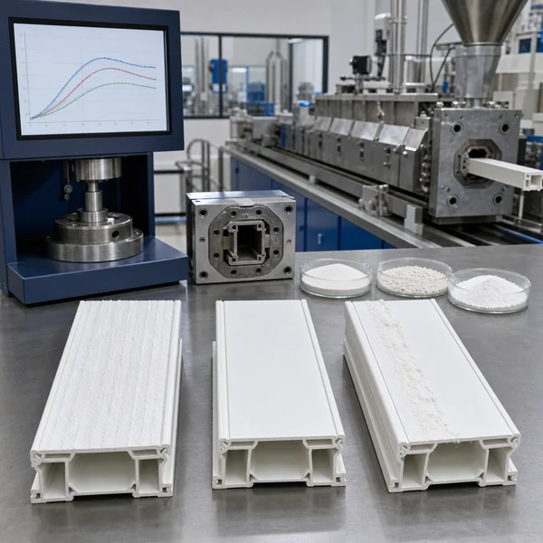 Rigid PVC profile samples comparing rough under-fusion, balanced smooth processing and waxy plate-out during lubricant troubleshooting