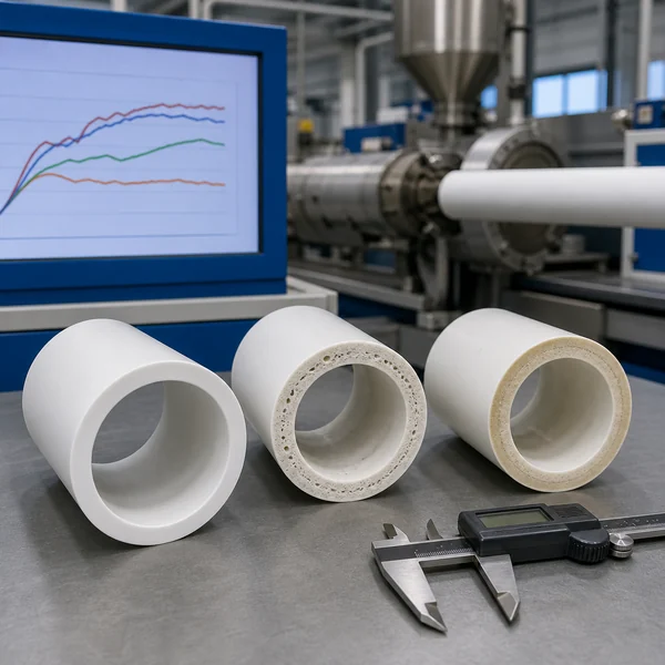Rigid PVC pipe samples comparing dense fusion, under-fused porosity and heat discoloration during troubleshooting