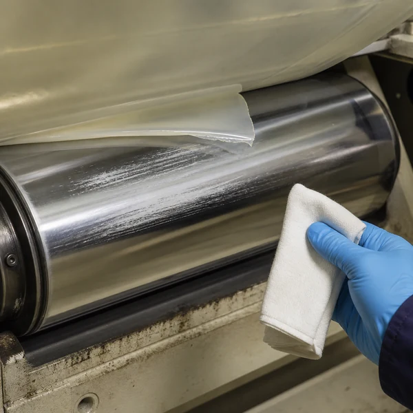 Stopped calender roll with PVC film sticking and a whitish plate-out deposit under safe inspection