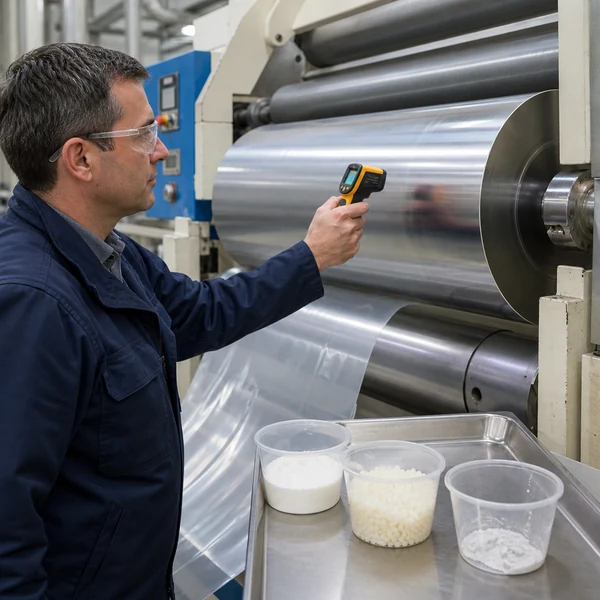 Process engineer checking calender roll surface temperature beside PVC formulation samples
