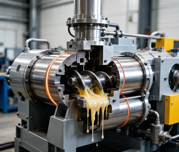 Twin-screw extruder barrel showing PVC melting and fusion during rigid PVC extrusion