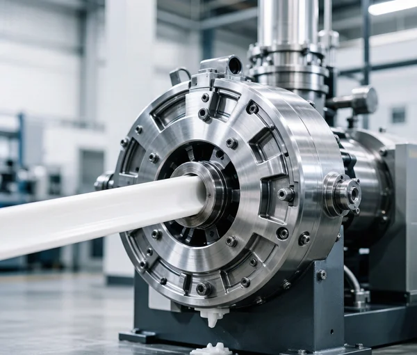 Extrusion die head where plasticized PVC melt is shaped under pressure