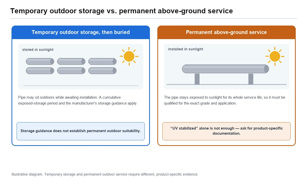 Diagram comparing temporary outdoor PVC pipe storage with permanent above-ground service